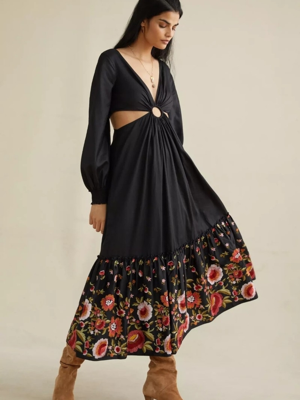 Anthropologie Black Floral Cutout Maxi Dress with Long Sleeves and Ring Detail